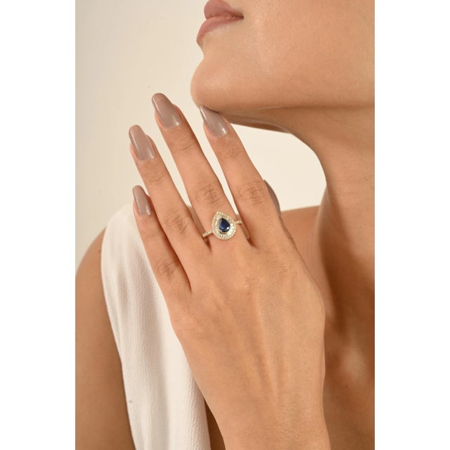 Art Deco Pear Shape Blue Sapphire Halo Diamond Vintage Engagement Ring Size 6 For Sale - Image 3 of 14