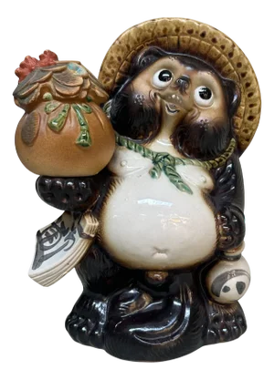 Vintage Japanese Tanuki Statue Lucky Charm with Money Pouch, 1980