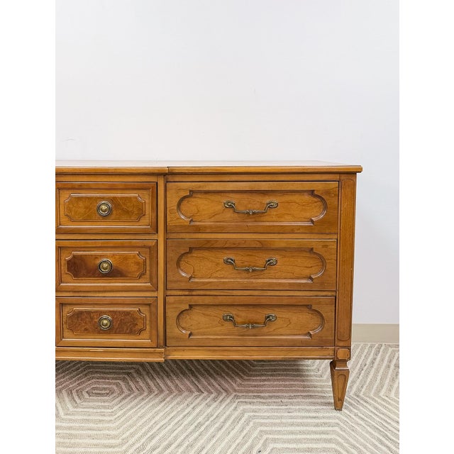 Mid-Century Modern Vintage Thomasville 9-Drawer Dresser Transitional Wood Chest MCM Ornate Long Boy For Sale - Image 3 of 15
