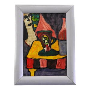 Small Acrylic on Board Colorful Painting of Woman at the Table by Jose Santos Guerra Chile