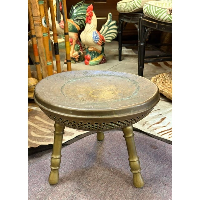 Early Middle Eastern Etched and Pierced Brass Three Leg Trim Pod Footstool For Sale - Image 4 of 8