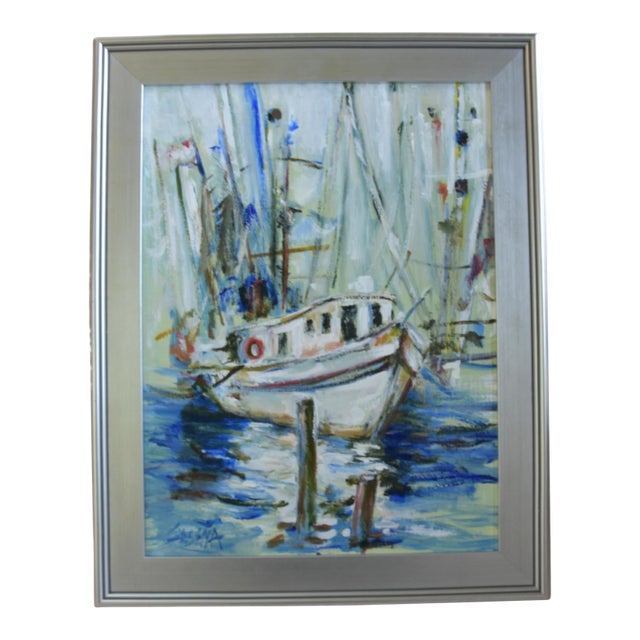 Vintage Nautical Sailboat at Harbor Dock Seascape Oil Painting Including the Antiqued Silver Wood Frame For Sale