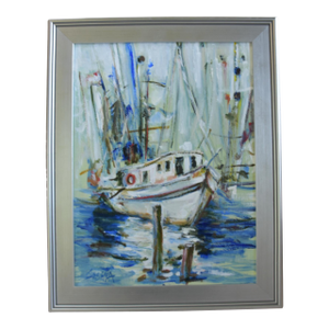 Vintage Nautical Sailboat at Harbor Dock Seascape Oil Painting Including the Antiqued Silver Wood Frame