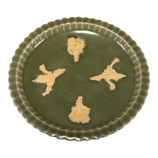 Chinese Longquan Celadon Scalloped‑Rim Plate, Vintage‑Style Raised Floral Decor For Sale