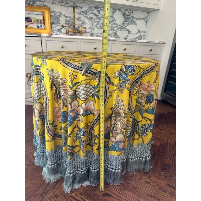 Wood Custom Table in Pierre Frey Du Roi and Samuel & Sons Tassel Fringe For Sale - Image 7 of 9