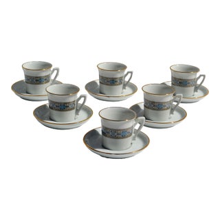 1950s Italian Demitasse Espresso Cup Set of 6 Matching Saucers Gold Leaf Porcelain For Sale