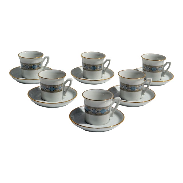 1950s Italian Demitasse Espresso Cup Set of 6 Matching Saucers Gold Leaf Porcelain For Sale