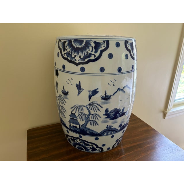 Ceramic Late 20th Century Blue and White Porcelain Chinoiserie Chinese Garden Stool or Side Table For Sale - Image 7 of 12