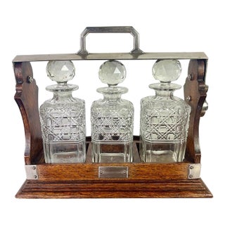 Victorian Decanter Set in Oak Caddy, Crystal & Metal, England, 19th C. For Sale