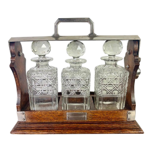 Victorian Decanter Set in Oak Caddy, Crystal & Metal, England, 19th C.