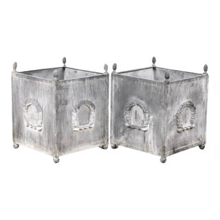 Pair of Neoclassical Metal Planters, Grey Patina, Wreath Motif For Sale