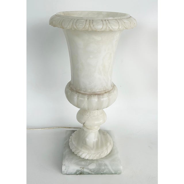 Large Neo-classical Medici Style Alabaster Urn Table Lamps, Pair Offered for sale is a pair of carved Italian neoclassical...