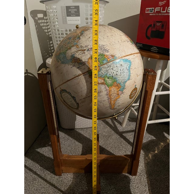 1960s 1960s Mid Century Modern 16 Inch Replogle “World Classic” Full-Swing Meridian Gimbel-Mounted Floor Globe on Architectural Solid Oak Cross-Base Stand For Sale - Image 5 of 12