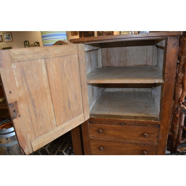 1940s Vintage Rustic Pine Wood Deep Cabinet With Cupboard / Lower Drawers & Slide Out Center Shelf For Sale - Image 4 of 12