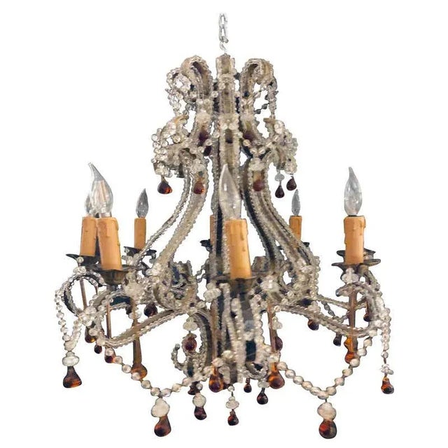 Eight Light Beaded Chandelier With Colored Tear Drop Prisms, Circa 1960 For Sale - Image 13 of 13