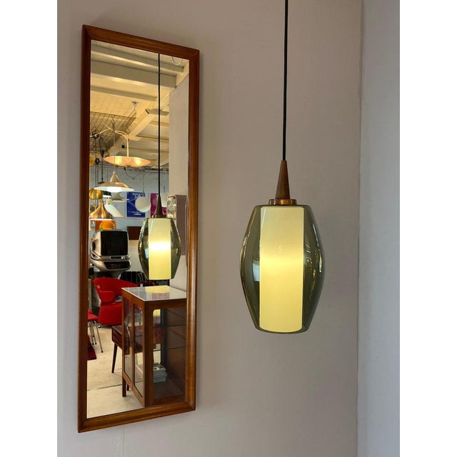 Pendant Lamp with Smoked Glass Shade and Opal Glass Insert and Teak Applications For Sale - Image 3 of 11