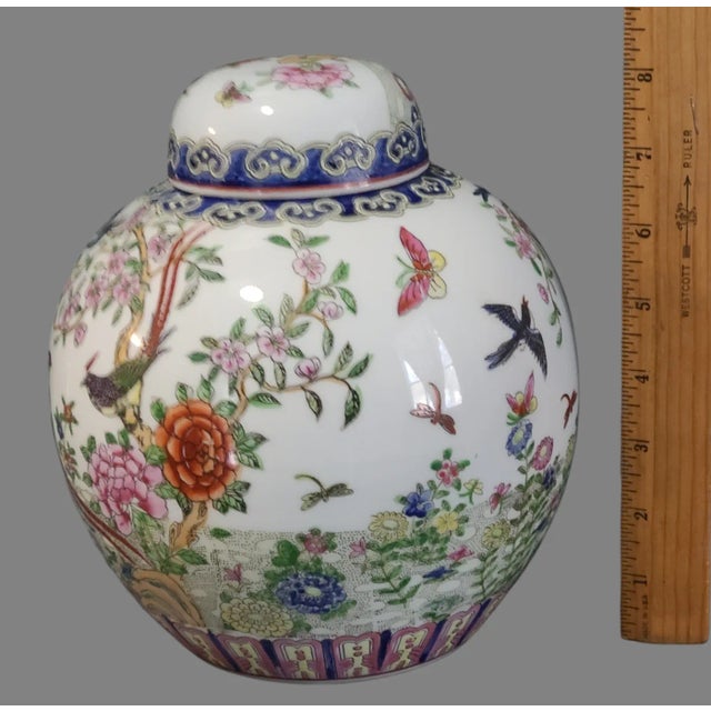 Traditional Vintage Asian Macau Hand Painted Colorful Floral Birds Ginger Jar Marked For Sale - Image 3 of 9