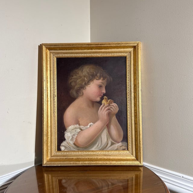 1960s Vintage Oil Painting Child With Chick Classical Portrait Gilt Frame For Sale - Image 5 of 12
