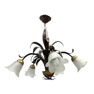 Large Florentine Style Metal Slender Leaves Chandelier, Italy, 1980s For Sale