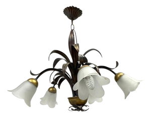 Large Florentine Style Metal Slender Leaves Chandelier, Italy, 1980s