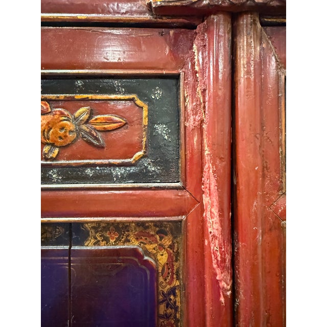 Asian Style Early 20th Century Chinese Red-Lacquer Carved Wood Armoire With Hand painted Panels For Sale - Image 4 of 12