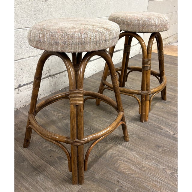 Vintage Rattan and Bentwood Backless Swivel Bar Stools - Pair For Sale - Image 4 of 8