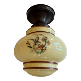 1930s Art Deco Ceiling Light Fixture With Painted Bird and Flower Motif For Sale