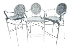 Palm Beach Coastal White Wrought Iron Bar Stools Bamboo Rattan Bentwood - Set of 3