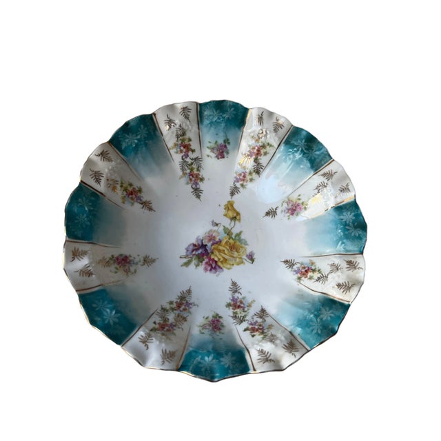 Vintage Mid 20th Century Germany Serving Bowl Blue Gold Floral Germany Hand Painted For Sale - Image 13 of 13