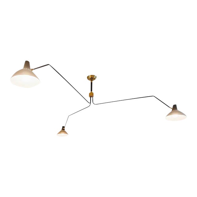 Contemporary Serge Mouille–Style 3-Arm Ceiling Lamp — Sculptural Modernist Lighting, Brass Hardware, Pristine For Sale