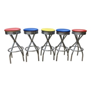 Vintage Blue, Red, Orange, and Yellow Swivel Bar Stools, 1990s, Set of 5 For Sale
