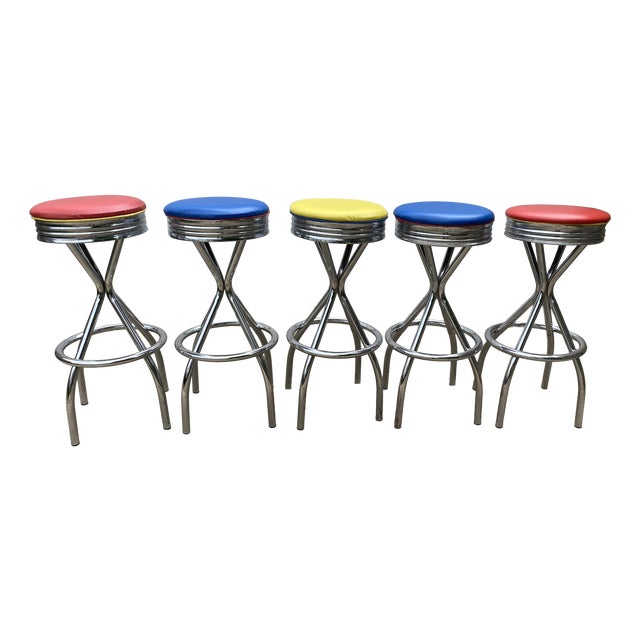 Vintage Blue, Red, Orange, and Yellow Swivel Bar Stools, 1990s, Set of 5 For Sale