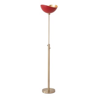 Minimalist Luna Torchiere Floor Lamp 70" H - Mid-Century Modern, Red Gold Shade, Weathered Brass, Dimmable, Bulb Included For Sale