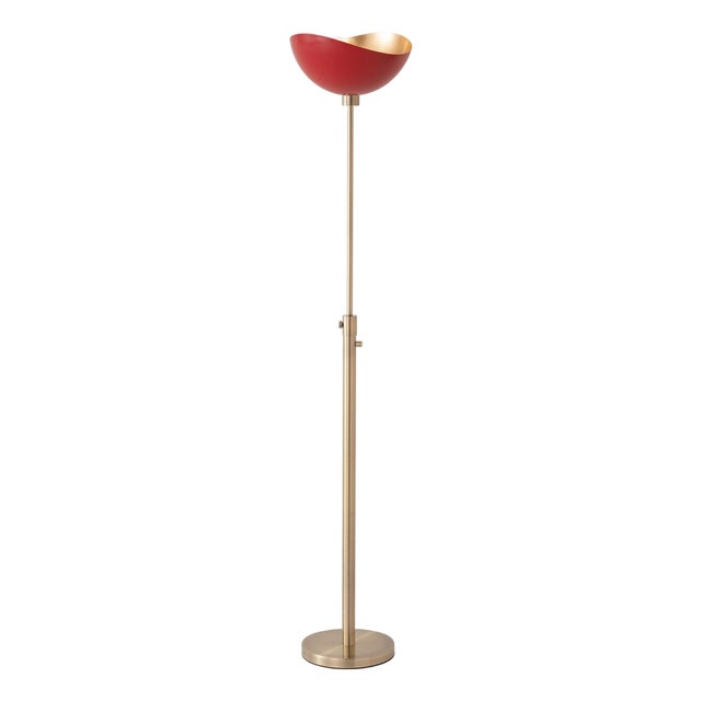 Minimalist Luna Torchiere Floor Lamp 70" H - Mid-Century Modern, Red Gold Shade, Weathered Brass, Dimmable, Bulb Included For Sale
