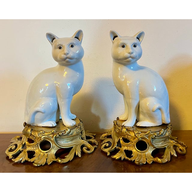 Antique 19th Century Japanese Blanc De Chine Models of Seated Cats Mounted on French Gilt Bronze Ormolu Bases - A Pair For Sale - Image 12 of 12