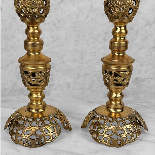 Metal Vintage 15" Chinese Brass Dragon Motif Mantle Candlestick Holders - A Pair For Sale - Image 7 of 9