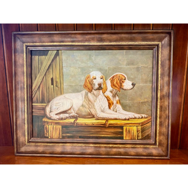 Original oil painting by Maitland-Smith featuring two resting sporting hounds in a beautifully composed interior scene....