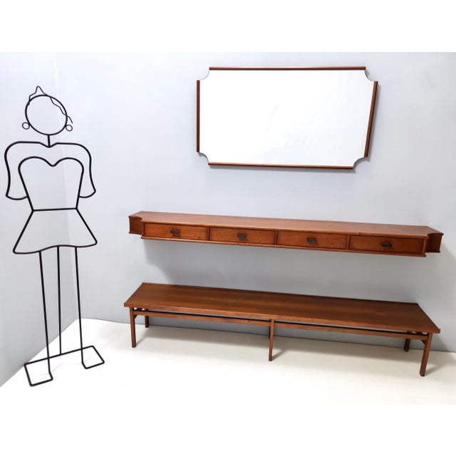 1950s Vintage Entryway Set of Wall Mirror, Walnut Console and Bench, Italy, 1959, Set of 3 For Sale - Image 5 of 18