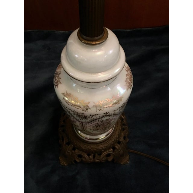 Vintage Mid 20th Century Gold Scrollwork Iridescent Phoenix Glass Table Lamp For Sale - Image 9 of 13