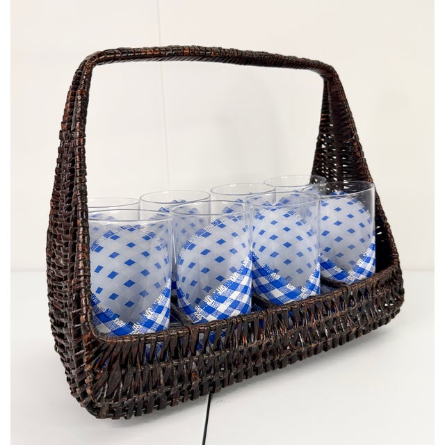 1970s Blue and White Americana Checked Glassware Set With Basket - 9 pcs For Sale - Image 9 of 11