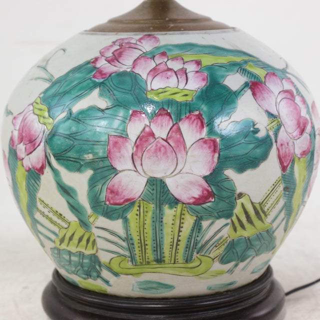 Vintage Famille Rose Porcelain Vase Lamp With Pink Lotus Blossom and Water Lily Motif For Sale In New York - Image 6 of 14