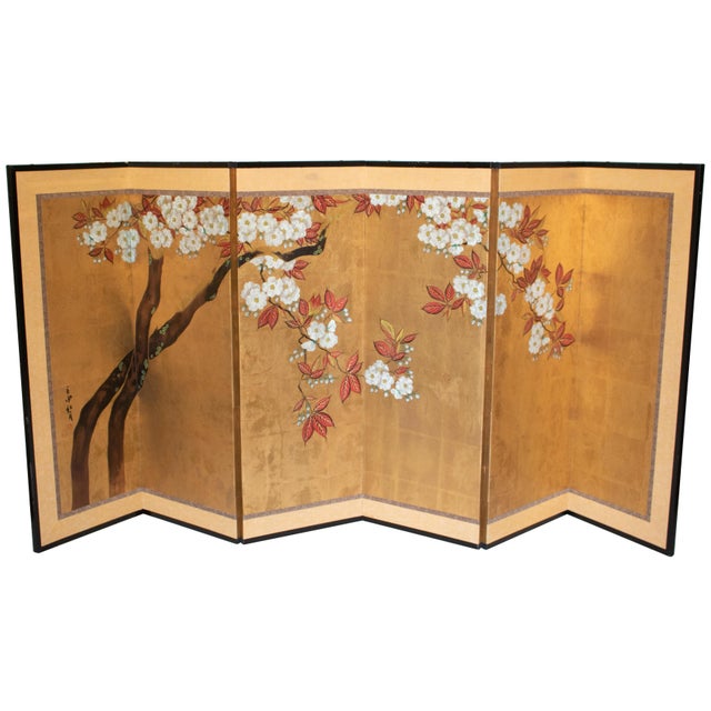 A lovely six-panel painted gold leaf style screen depicts Blossoming Plum Tree. Signed and sealed by artist in ink....