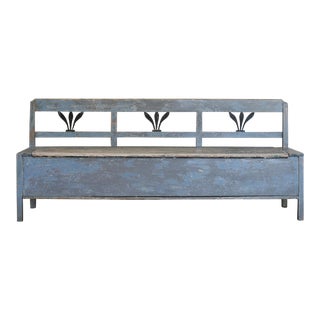 Antique Hungarian Pine Bench, Blue Painted Storage Bench For Sale