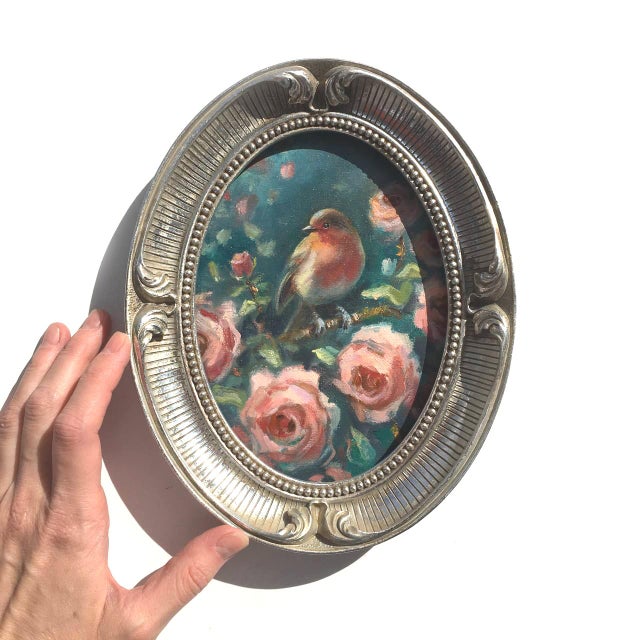 Framed Original Painting Robin Bird Roses Oval Wall Decor by Artist Valeriya Serova For Sale - Image 9 of 9