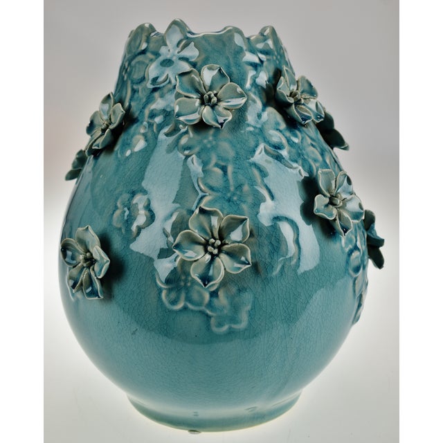 Vintage Floral Applique Glazed Ceramic Pottery Vase Chairish