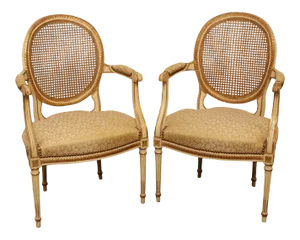 French Louis XVI Style Vintage Pair Partial Gilt Painted Cane Back Armchairs