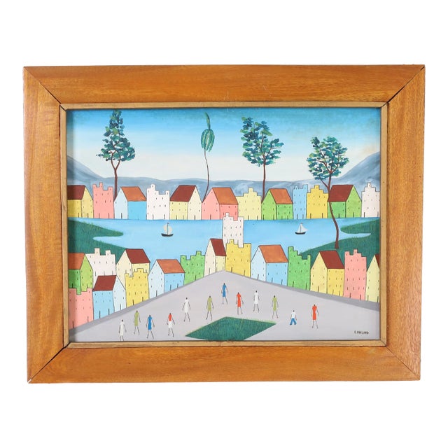 Mid Century Haitian Painting on Board by E. Abelard For Sale