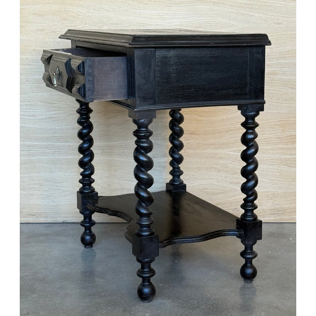 Wood 1900-1909 Dark Walnut Carved Spanish Nightstands With Solomonic Legs and Low Shelve For Sale - Image 7 of 15