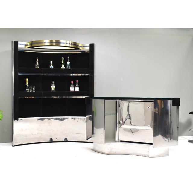 Hollywood Regency Bar in Black Suede, Brass and Chrome, 1970s For Sale - Image 17 of 18