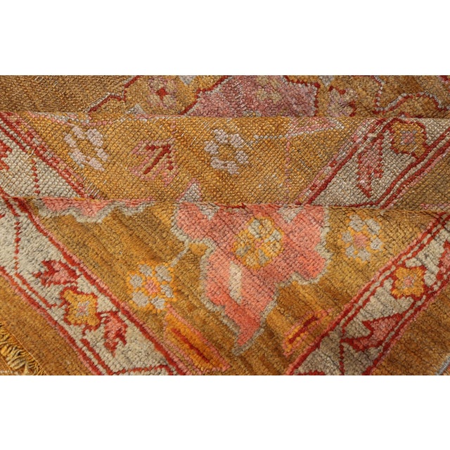 Squared Shape Antique Oushak Rug in Green, Marigold, Cream and Pink Color For Sale - Image 16 of 17